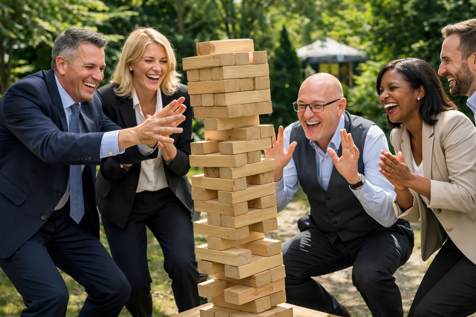 Teamarbeit im Park bei Jenga